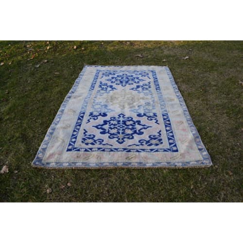 Vintage Blue Caucasian Rug - Traditional Hand Woven Wool | Area Rug in Rugs by Vintage Pillows Store. Item composed of cotton