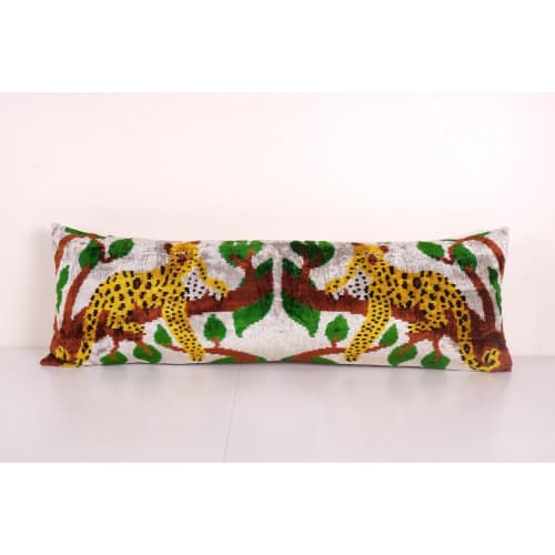 Tiger Design Yellow Extra Long Ikat Velvet Pillow, Animal Pr | Cushion in Pillows by Vintage Pillows Store