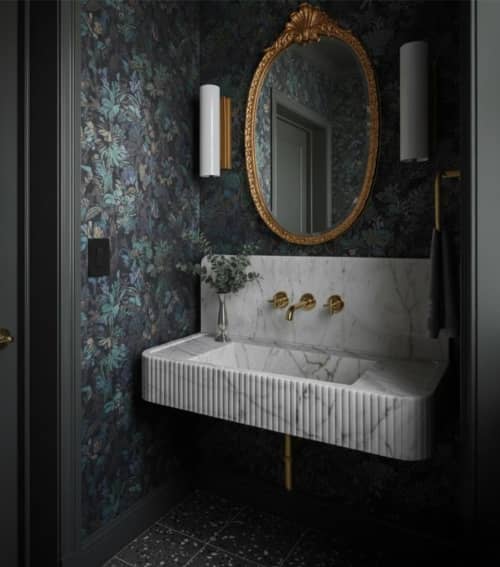 Hand-Carved Fluted Carrara Marble Wall-Mount Sink with Backsplash | Water Fixtures by AYMARBLEDESIGN LLC