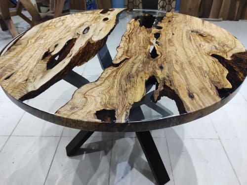 Custom Diameter, Round Olive Wood, Clear Epoxy Dining Table | Tables by LuxuryEpoxyFurniture. Item made of wood with synthetic