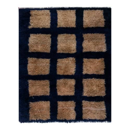Vintage Camel and Blue Turkish Shaggy Tulu Rug | Area Rug in Rugs by Vintage Pillows Store. Item composed of cotton and fiber