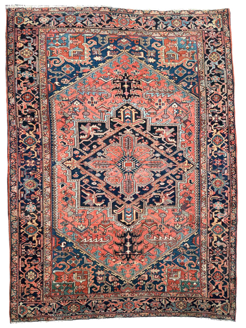 SWOONING Watermelon & Denim Blue Antique Persian Heriz | Area Rug in Rugs by The Loom House. Item composed of cotton and fiber