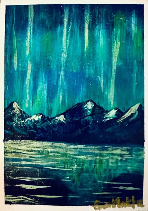 Aurora Mountains – Original Northern Lights Mini Painting | Work by EMAN K