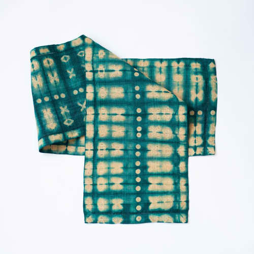Raffia Shibori Table Runner - Cocoon & Moth Pattern-Emerald | Linens & Bedding by Tanana Madagascar. Item composed of fabric