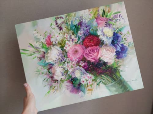 Bridal bouquet painting from photo, Floral oil paintings | Oil And Acrylic Painting in Paintings by Natart. Item made of canvas with synthetic
