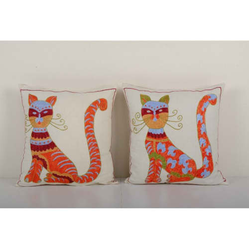 Bohemian Cat Figured Cotton Pillowcase, Set of Two Ethnic | Sham in Linens & Bedding by Vintage Pillows Store. Item made of cotton