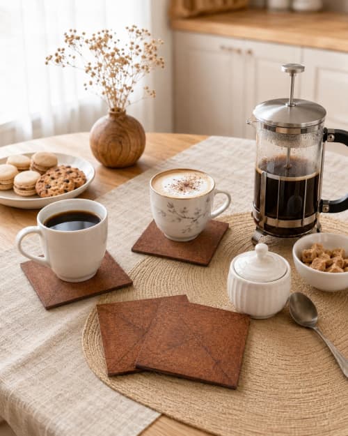 Mahogany Wood Veneer Marquetry Coasters, Geometric Natural Drink Set (Set of 4),Coaster | Tableware by Vesta Corte