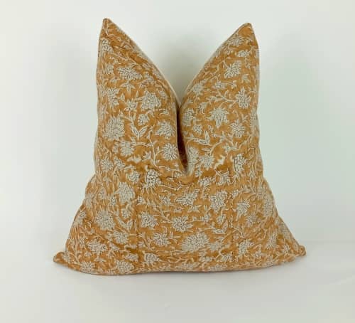 mustard block print pillow, yellow block print pillow, block | Pillows by Velvet Fringe