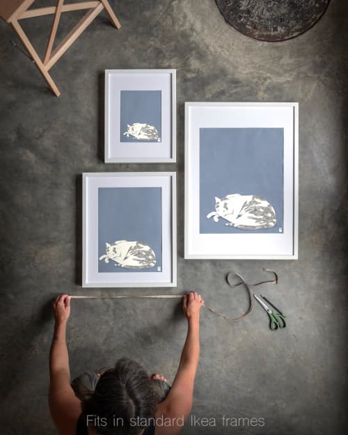 Sleeping Cat Art Print, Blue Nursery Decor, Calm Wall Art | Prints in Paintings by The Ugly Cat Studio