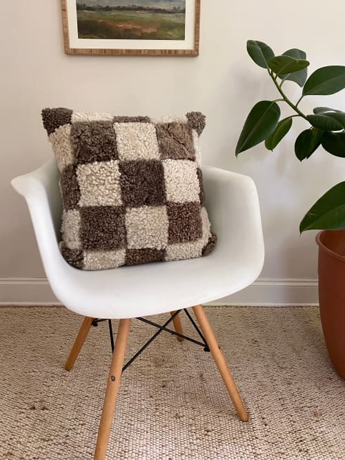 20” x 20” Checkered Shearling Sheepskin Pillow | Cushion in Pillows by East Perry