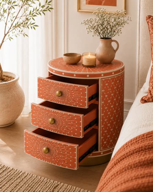 Handmade Bone Inlay Round Nightstand Sunburst Boho Bedside Table with Drawers | Storage by IKKAZA