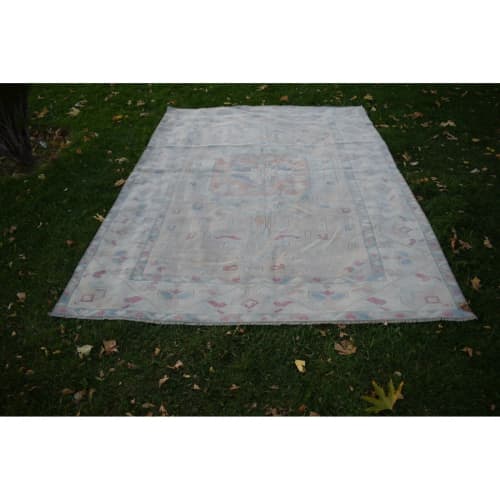 1940s Vintage Distressed Oushak Soft Colors Wool Pile Rug | Area Rug in Rugs by Vintage Pillows Store. Item made of cotton with fiber