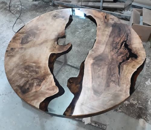 Custom 44" Diameter, Round Walnut Wood, Clear Epoxy Dining | Dining Table in Tables by LuxuryEpoxyFurniture. Item made of wood & synthetic