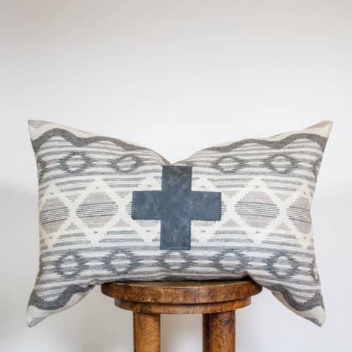 Grey/Cream Tribal Wool with Charcoal Leather Cross Pillow 16x24 | Pillows by Vantage Design