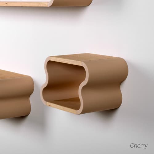 Squiggle Floating Shelves: Cherry & Ash Hardwood, Pastel Accents | Shelving in Storage by Spacecraft Furnishing