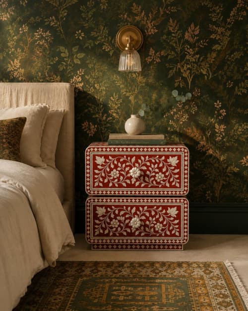 Red Mother of Pearl Inlay Nightstand, Floral Bone Inlay Bedside Table, Maximalist Bedroom Furniture | Storage by IKKAZA