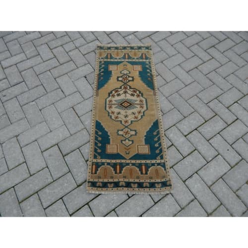 Vintage Blue Turkish Area Rug 19'' X 46'' | Rugs by Vintage Pillows Store. Item composed of wool and fiber