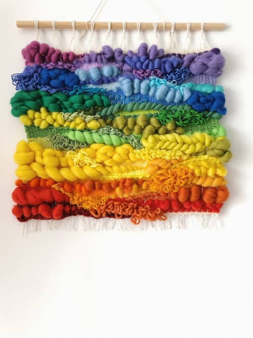 XL Rainbow hand woven wall hanging tapestry | Wall Hangings by Awesome Knots. Item composed of wood and cotton