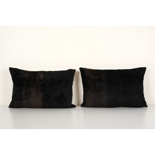 Set of Two Ikat Black Pillow Cover - Pair Silk Velvet Lumbar | Sham in Linens & Bedding by Vintage Pillows Store. Item made of cotton with fiber