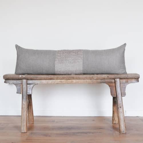 Mushroom Brown Silk with Wool Fur Strip Lumbar Pillow 14x46 | Pillows by Vantage Design