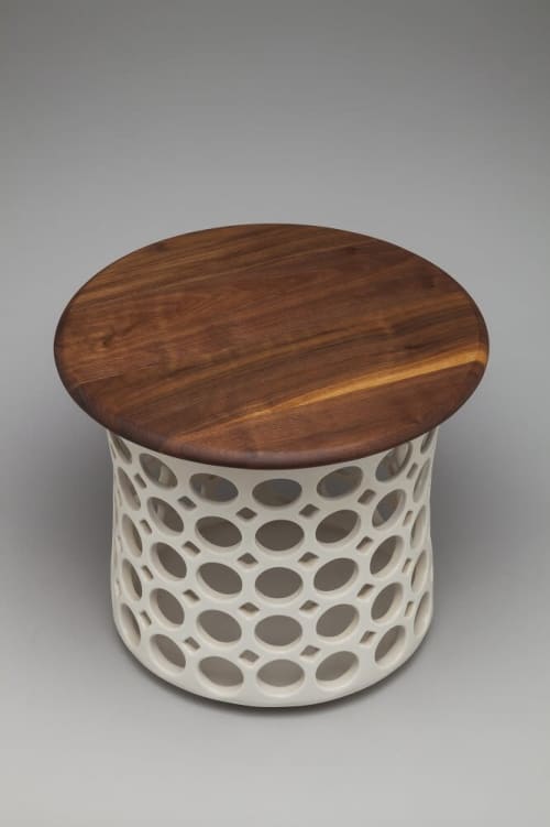 Small Stout Hourglass Openwork Table with Walnut Top | Side Table in Tables by Lynne Meade. Item composed of wood & stoneware