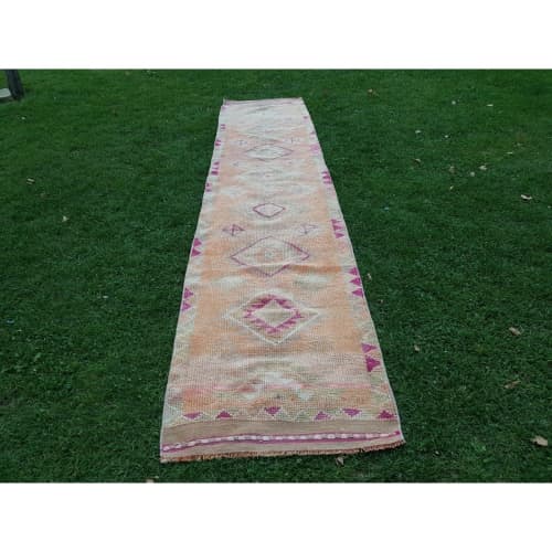 Vintage Pastel Turkish Herki Runner Rug 2'8" X 12'4" | Rugs by Vintage Pillows Store. Item composed of cotton and fiber