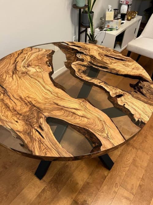 Live edge Clear Epoxy Table made from olive wood | Iron's Custom Wood