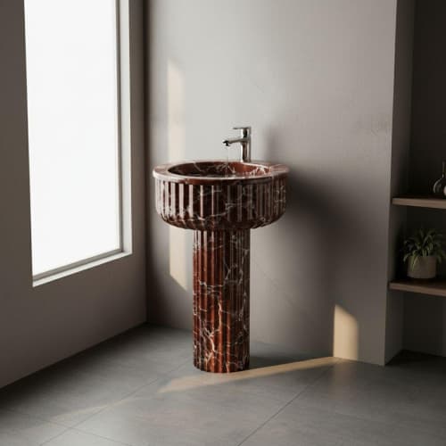 Round Pedestal Rosso Levanto fluted marble sink | Water Fixtures by AYMARBLEDESIGN LLC