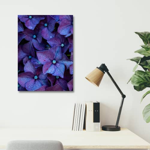 Photograph • Purple Hydrangeas, Floral, Raindrops, Macro | Photography by Honeycomb. Item made of metal & paper