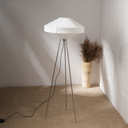 Space Rover - Tripod Floor Lamp, Nickle Base and Elegant | Lamps by FIG Living. Item made of fabric works with contemporary & modern style