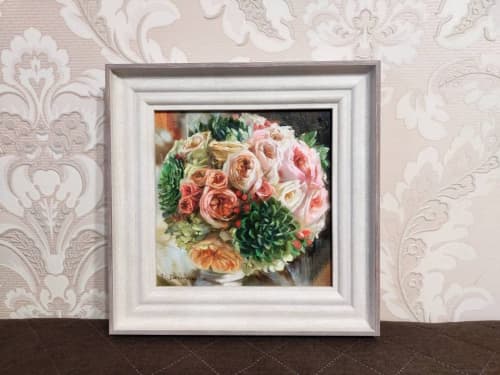 Bridal flowers bouquet art canvas painting original, Custom | Oil And Acrylic Painting in Paintings by Natart. Item made of canvas with synthetic