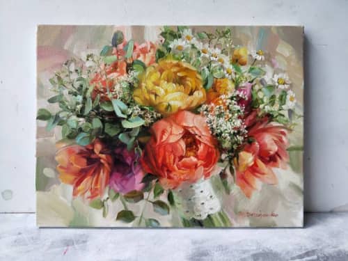 Bridal flowers portraits painting canvas original art | Oil And Acrylic Painting in Paintings by Natart. Item composed of canvas and synthetic