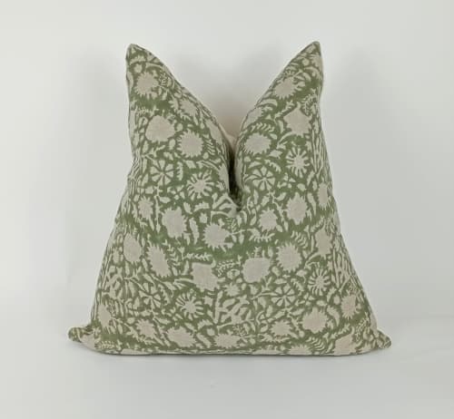green floral block print pillow, green floral pillow, green | Pillows by Velvet Fringe