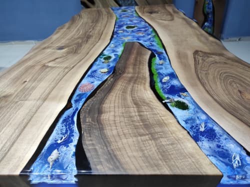 Live Edge Blue Ocean River Epoxy Dining Table - Living Room | Tables by LuxuryEpoxyFurniture. Item composed of wood and synthetic