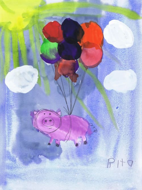 Bingo the Flying Pig - Original Watercolor | Watercolor Painting in Paintings by Rita Winkler - My Art, My Shop - Where Every Stroke Speaks of Joy and Inclusion (watercolors by artist who has Down syndrome). Item made of paper compatible with mid century modern and contemporary style