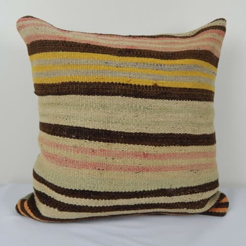 Vintage Faded Color Striped Turkish Kilim Pillow | Cushion in Pillows by Vintage Pillows Store. Item made of wool