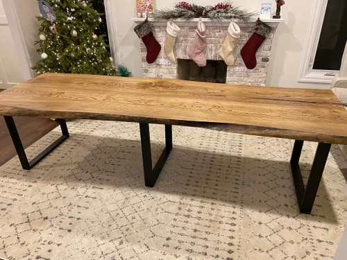 Live Edge Double Desk Hand Made Using Solid Elm Wood | Dining Table in Tables by Good Wood Brothers. Item made of wood