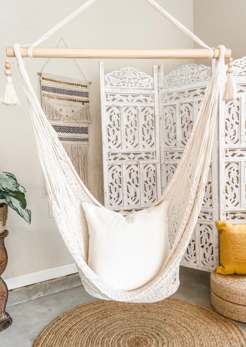 Woven Macrame Hanging Chair with Tassels | DIANA | Swing Chair in Chairs by Limbo Imports Hammocks. Item composed of cotton and steel