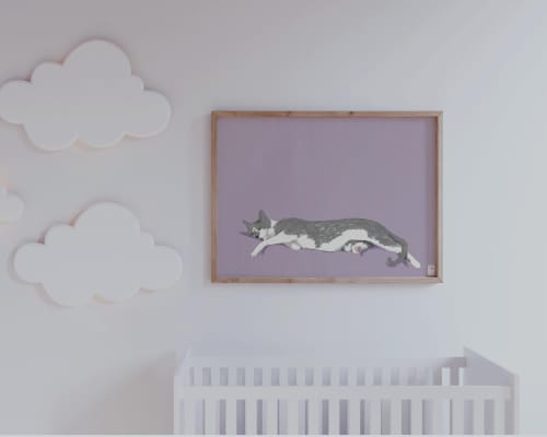 Grey Tuxedo Cat Stretching Art Print, Playful Colorful Wall Art | Prints by The Ugly Cat Studio