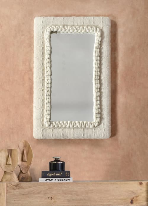 Handwoven Ivory Wool Wall Mirror, Boho Textured Frame, Rustic Modern Decor | Decorative Objects by Swiflo