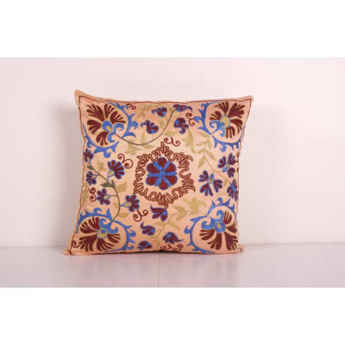 Handmade Silk Suzani Cushion Cover, Salmon Embroidered Uzbek | Pillows by Vintage Pillows Store