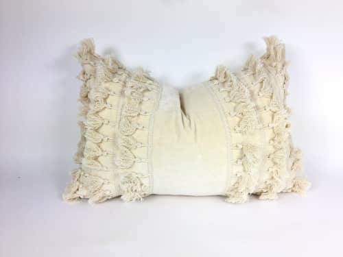 Lumbar pillow // woven pillow // cream tassel cushion | Pillows by velvet + linen