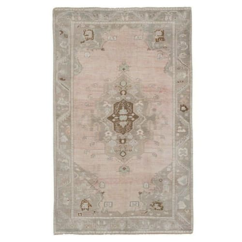 Vintage Geometric Oriental Turkish Neutral Pale Color Oushak | Area Rug in Rugs by Vintage Pillows Store. Item made of cotton & fiber