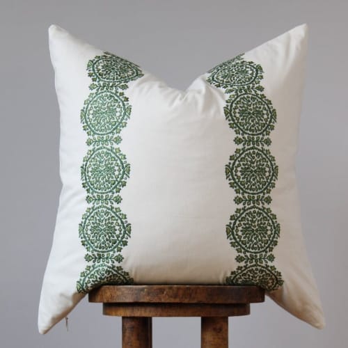 White Cotton with Embroidered Green Floral Medallion Pattern | Pillow in Pillows by Vantage Design