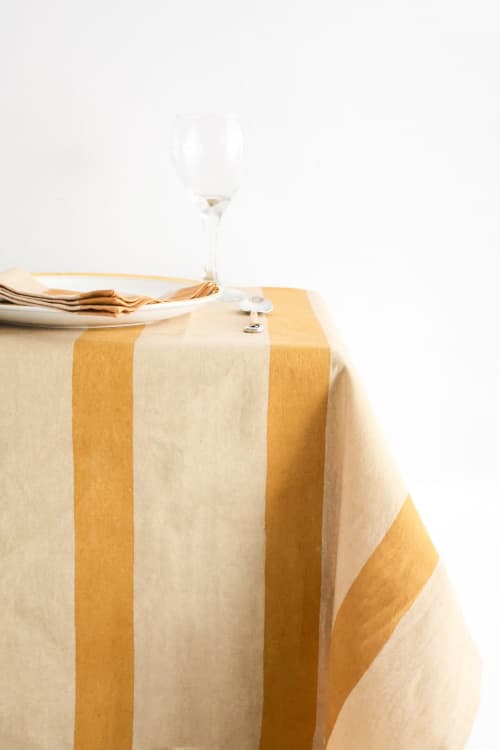 Oh! Stripes (Ochre) Block Print Tablecloth | Linens & Bedding by Ninéh