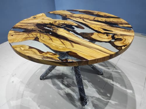 Round Olive Wood Clear Epoxy Dining Table, Custom 52" Round | Tables by LuxuryEpoxyFurniture. Item composed of wood and synthetic