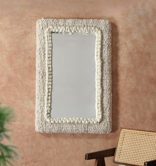 Ivory Handwoven Wool Frame | Modern Boho Rustic Wall Mirror for Living Room and Bedroom | Decorative Objects by Swiflo
