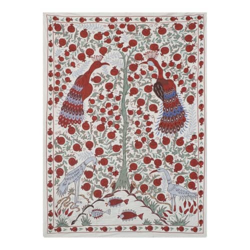 Vintage White Folk Art Pictorial Suzani From Uzbekistan, Tre | Tablecloth in Linens & Bedding by Vintage Pillows Store