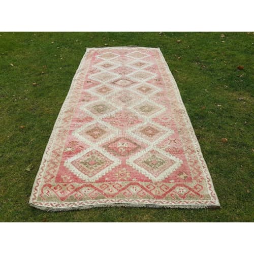 Handwoven Pastel Wool Turkish Oushak Runner | Runner Rug in Rugs by Vintage Pillows Store. Item composed of cotton and fiber