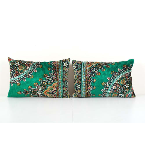 Pair Green Velvet Cushion Cover, Set of Two Designer Lumbar | Pillows by Vintage Pillows Store. Item composed of cotton